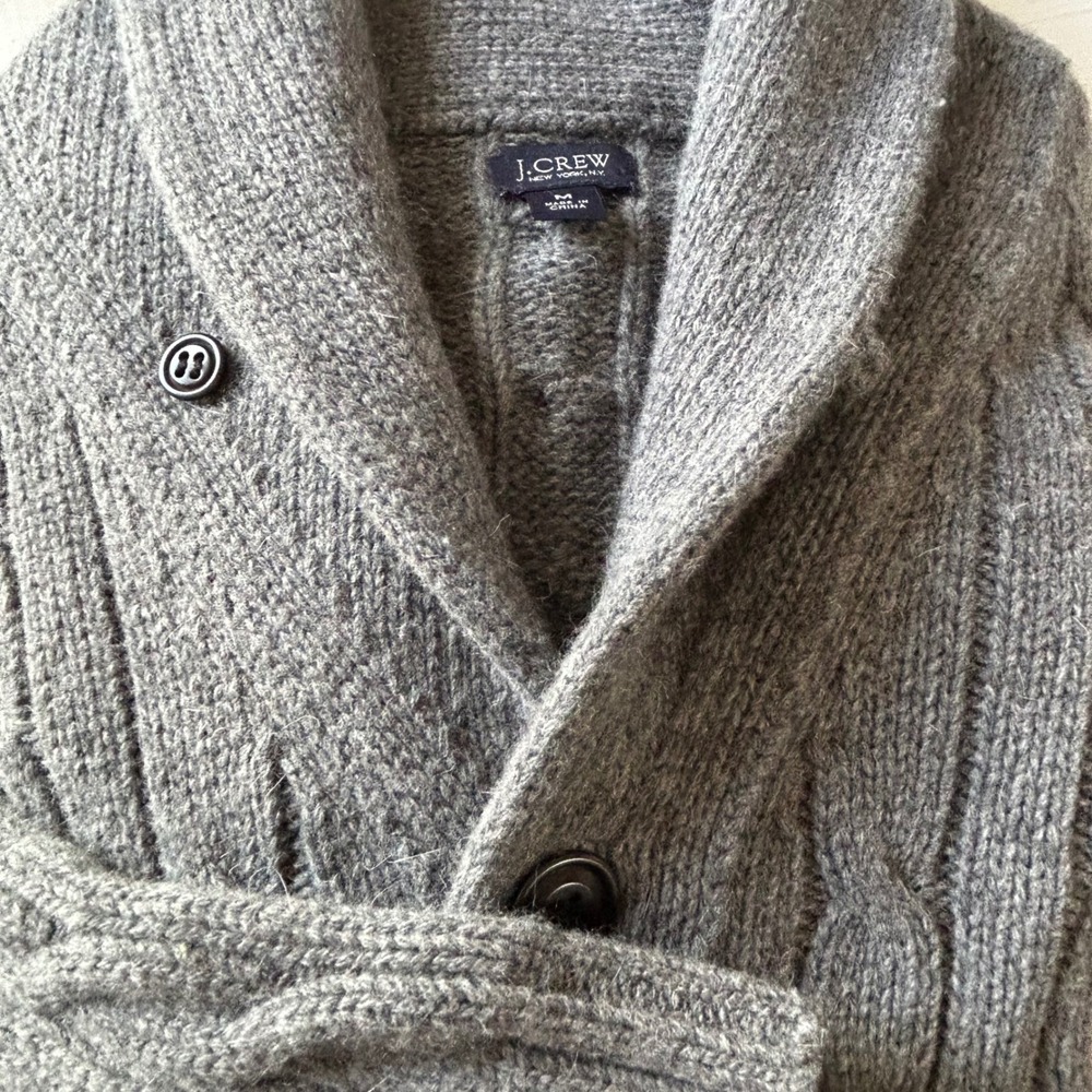 JCrew Mens Gray Cable Knit Shawl Collar Cardigan Lambswool Cashmere Sweater M - Picture 7 of 7